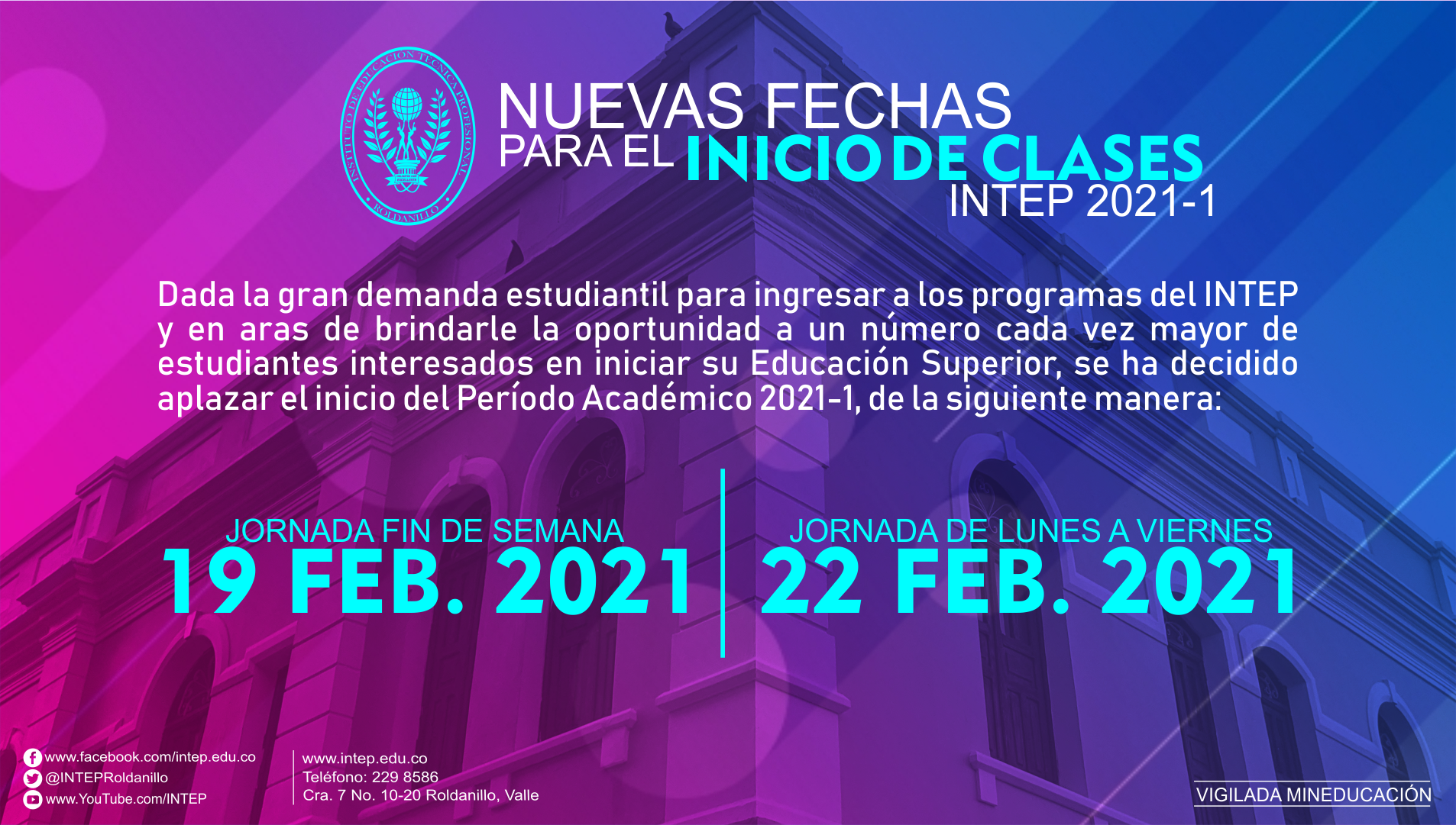 Nuevas fechas para el inicio del Periodo Académico 2021/1